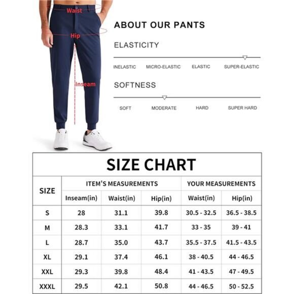 Men's 4-Way Stretch Golf Joggers with Pockets, Slim Fit Work Pants Athletic - Picture 6 of 8